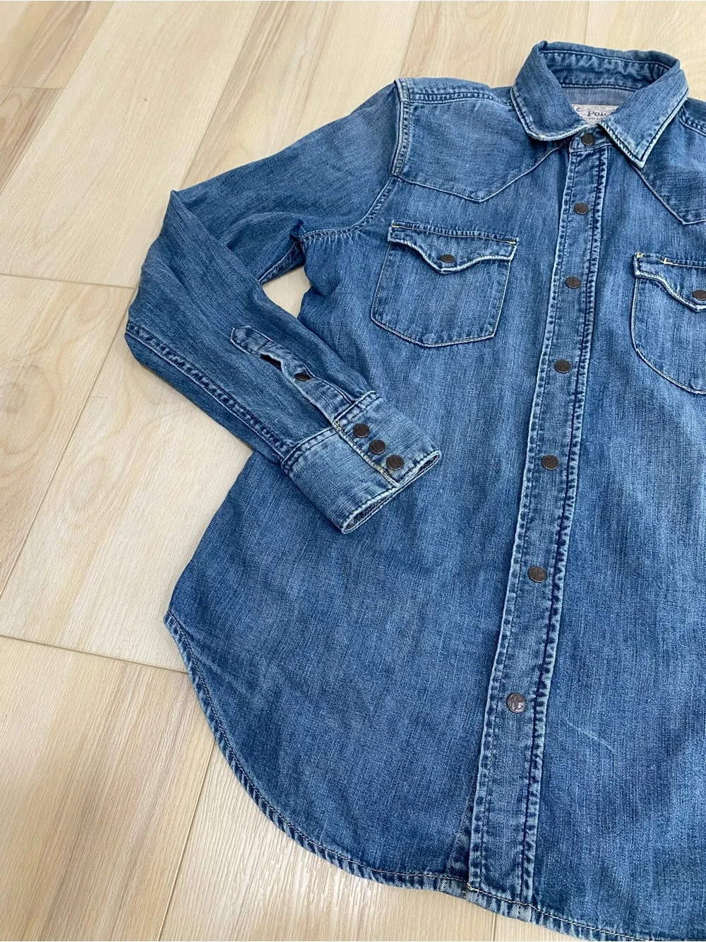 Ralph Lauren Distress Repair Western Shirt Denim Fade Blue Pearl Snap Polo